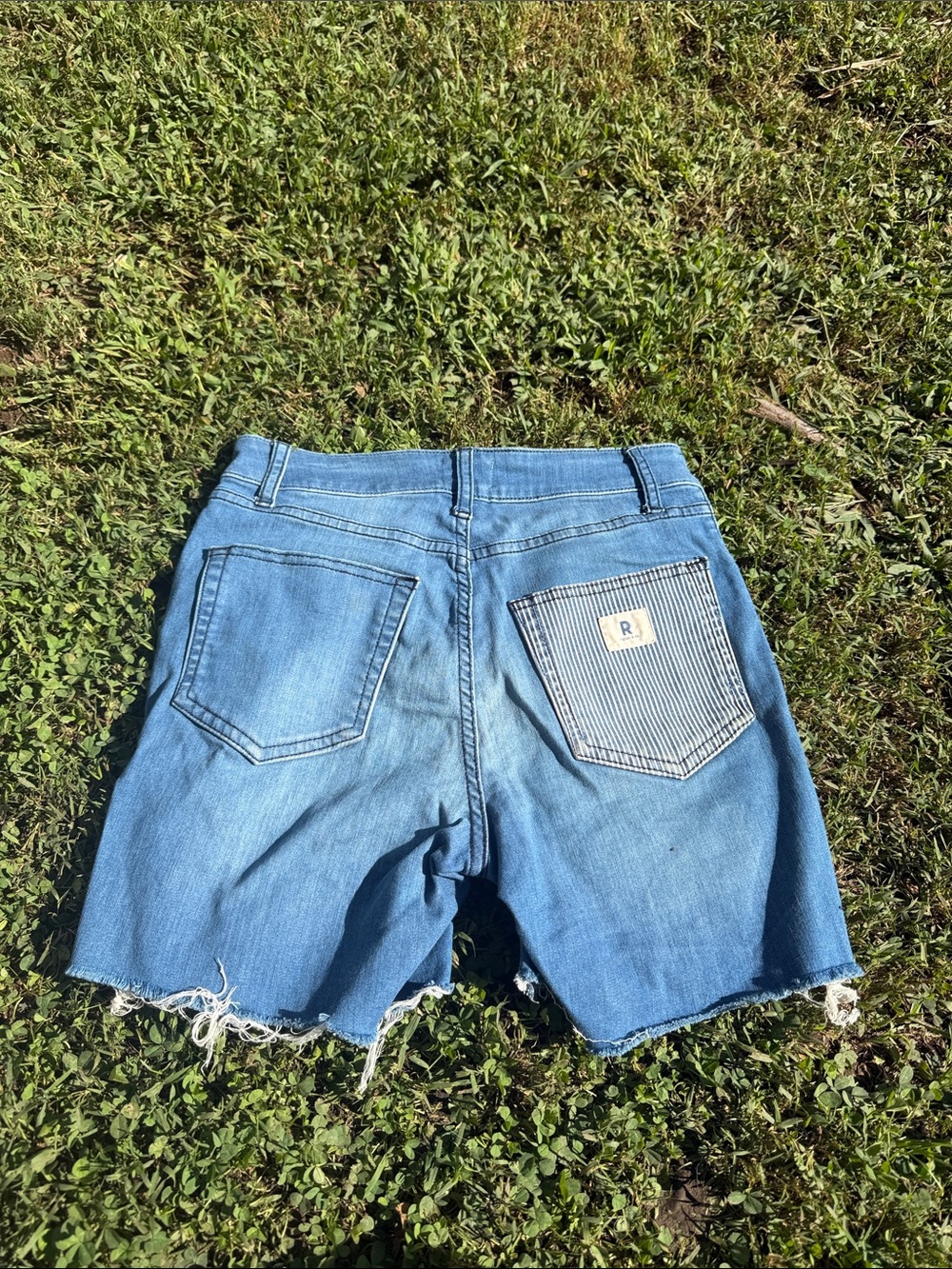 Light Blue Women's Denim Cutoff Shorts with Stripe Patch Pocket